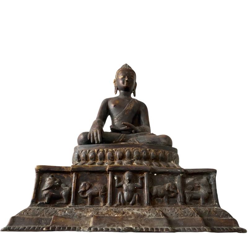 Antique Himalayan Buddha – Gilt Bronze, West Tibet / Mustang Attribution, 52 cm – opposite three-quarter front view