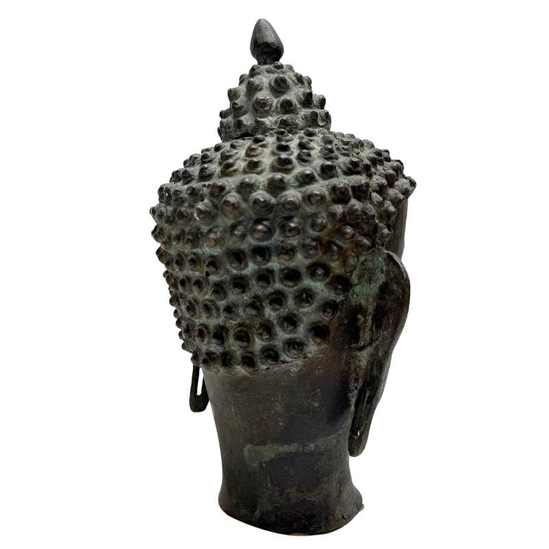 Antique Himalayan Buddha Head – Bronze, 21 cm – left three-quarter rear view