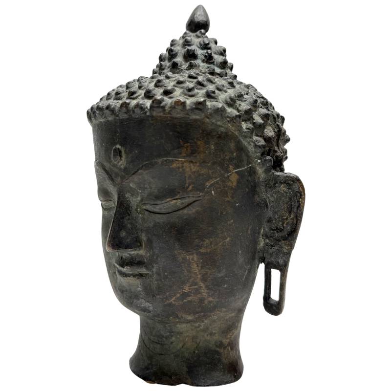 Antique Himalayan Buddha Head – Bronze, 21 cm – opposite three-quarter front view