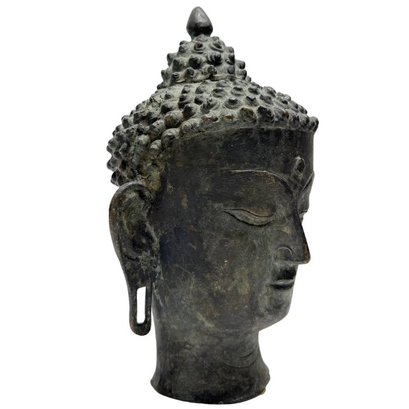 Antique Himalayan Buddha Head – Bronze, 21 cm – three-quarter front view