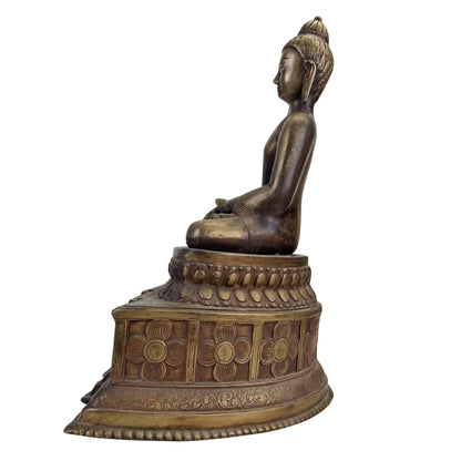 Antique Himalayan Buddha with Silver-Inlaid Eyes – Bronze, 49.5 cm – right three-quarter rear view