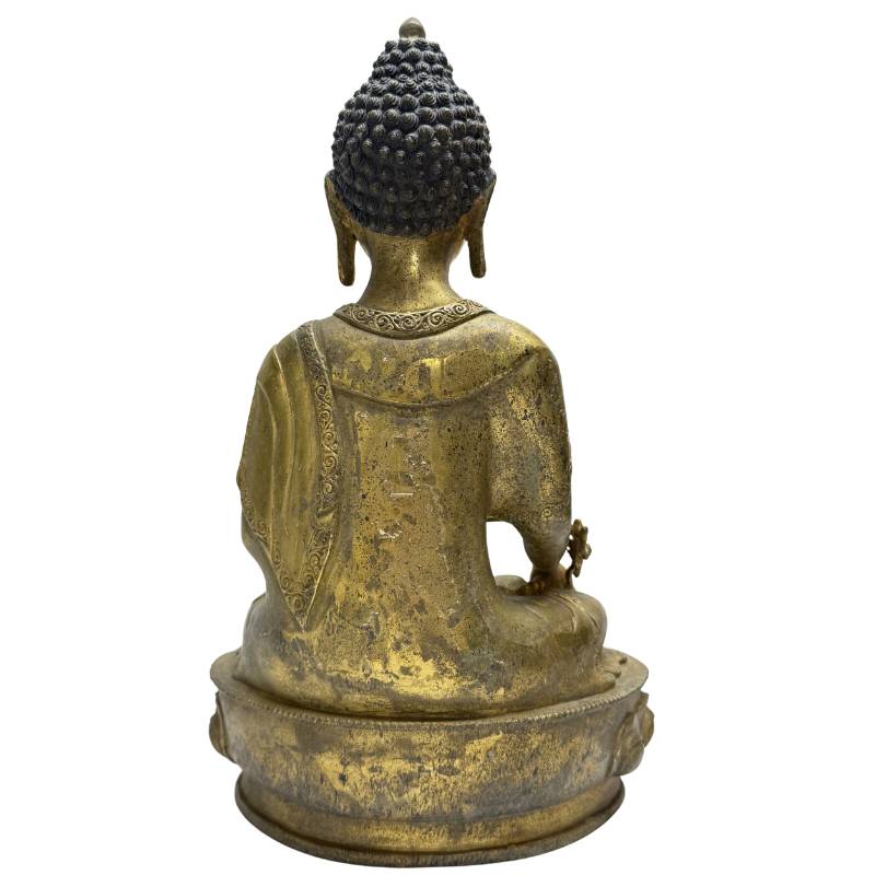 Rear view of Himalayan gilt bronze Medicine Buddha and double lotus base