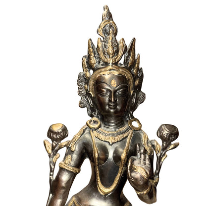 Antique Himalayan Green Tara – Parcel-Gilt Bronze, 51 cm – opposite three-quarter front view