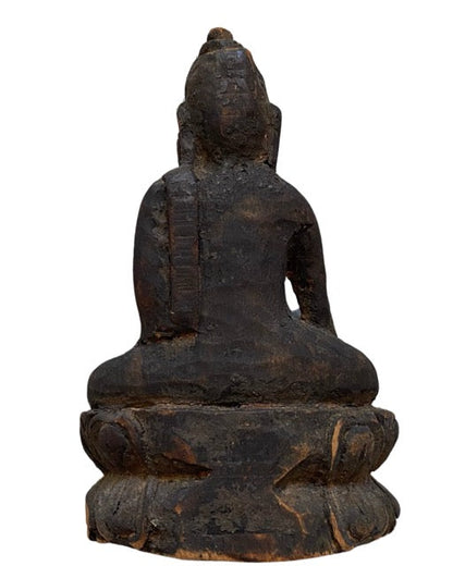 Antique Himalayan Wooden Buddha – Small Devotional Figure, 15 cm – left three-quarter rear view