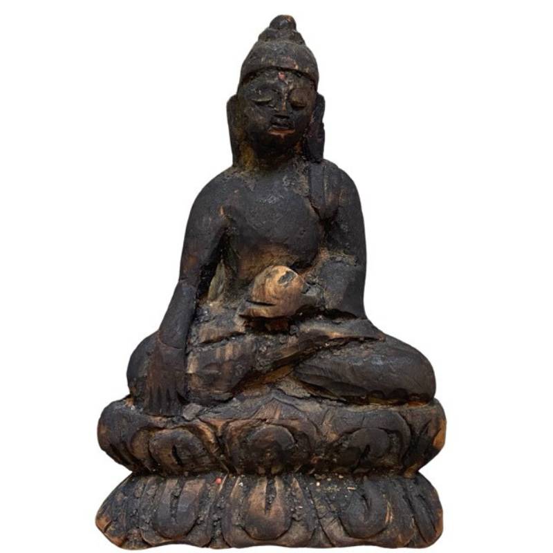 Antique Himalayan Wooden Buddha – Small Devotional Figure, 15 cm – front view