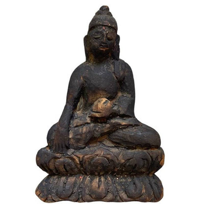 Antique Himalayan Wooden Buddha – Small Devotional Figure, 15 cm – front view