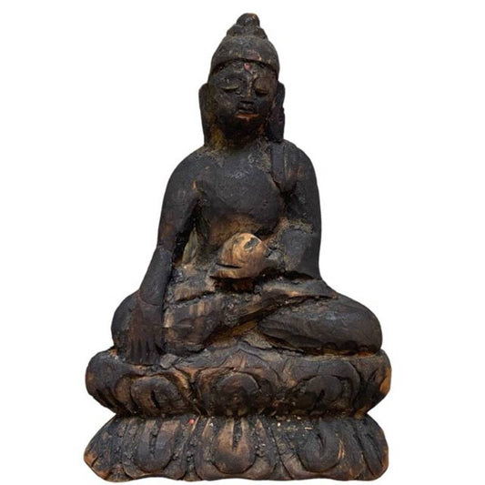 Antique Himalayan Wooden Buddha – Small Devotional Figure, 15 cm – front view