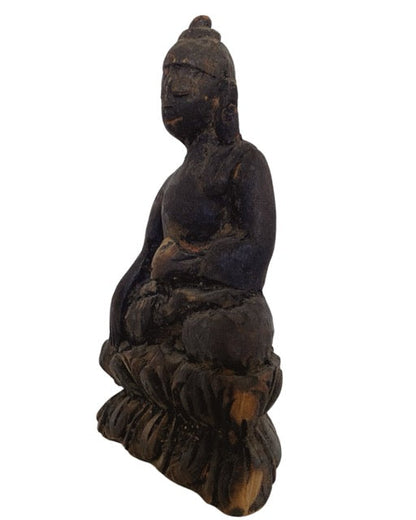 Antique Himalayan Wooden Buddha – Small Devotional Figure, 15 cm – three-quarter front view