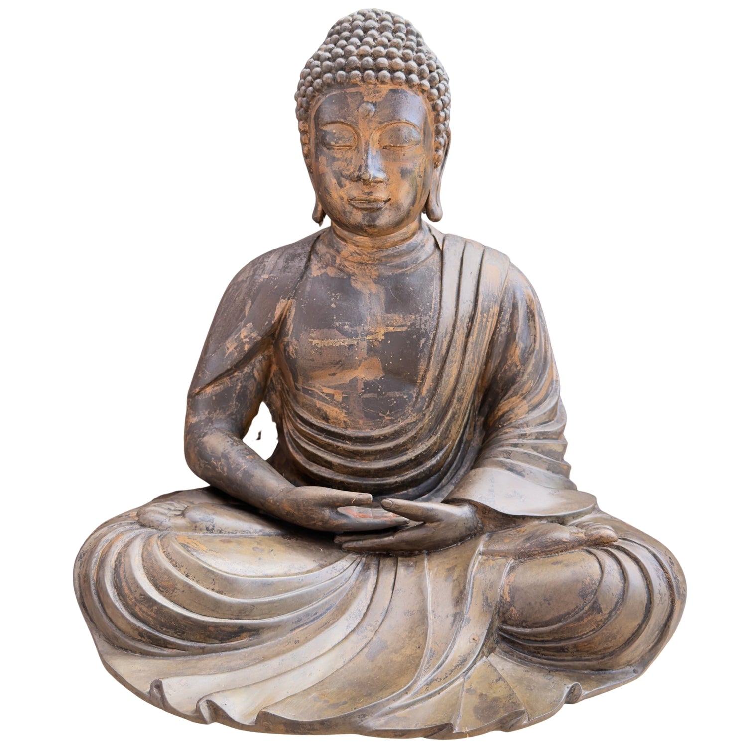 Antique Japanese seated Buddha in bronze with surviving historic gilding, front view