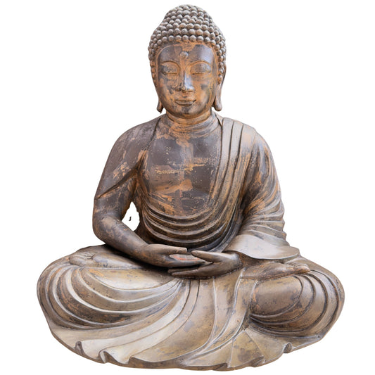 Antique Japanese seated Buddha in bronze with surviving historic gilding, front view