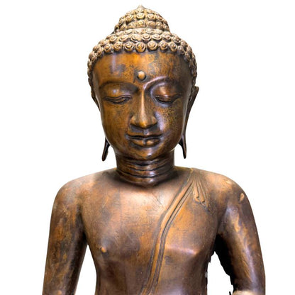 Antique Javanese Shakyamuni Buddha – Bronze, 58 cm – close view of the upper section