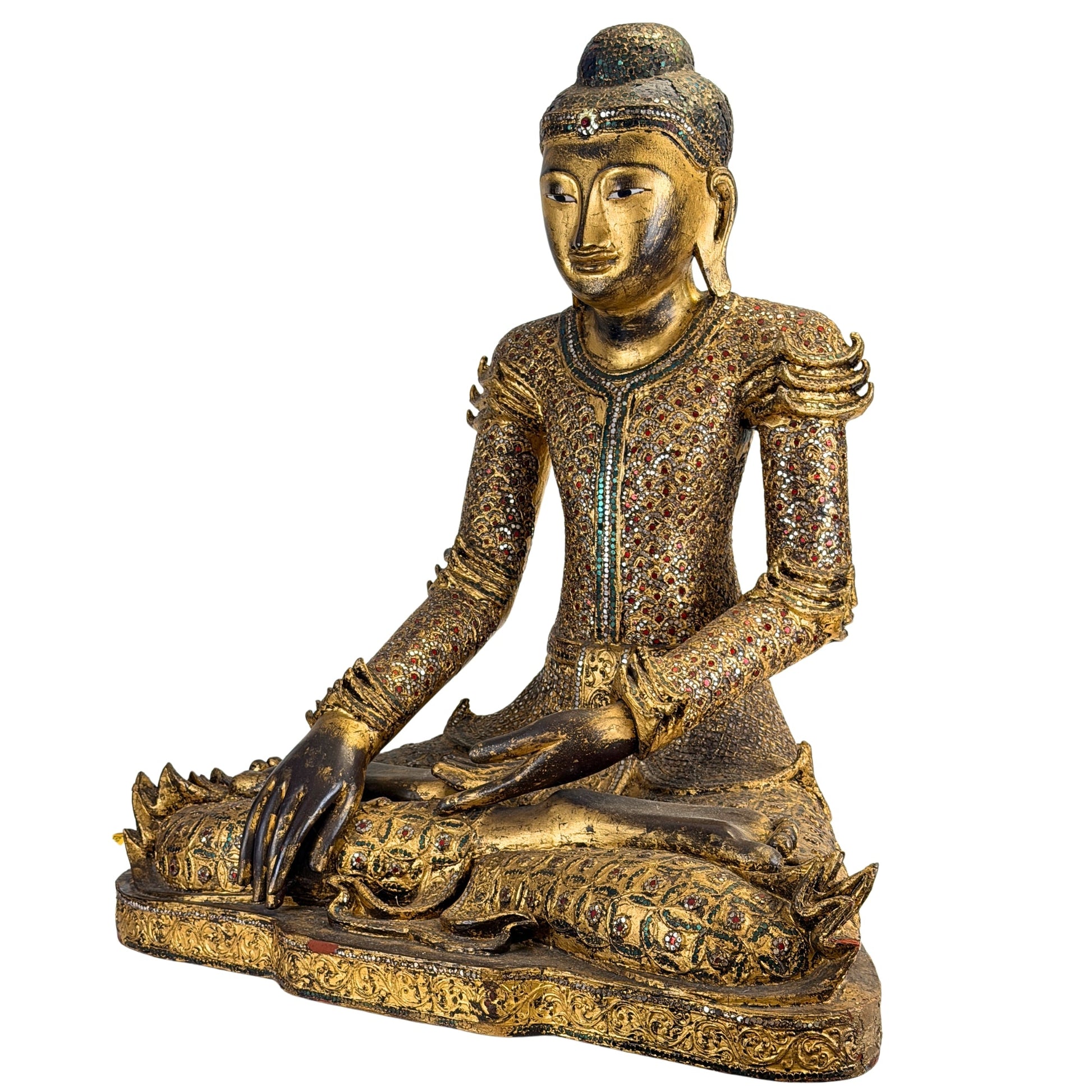 Antique Burmese Mandalay Buddha with gilding, thayo and glass mosaic, overall view