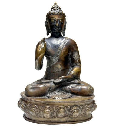 Antique Nepalese bronze Buddha in Vitarka Mudra, front view