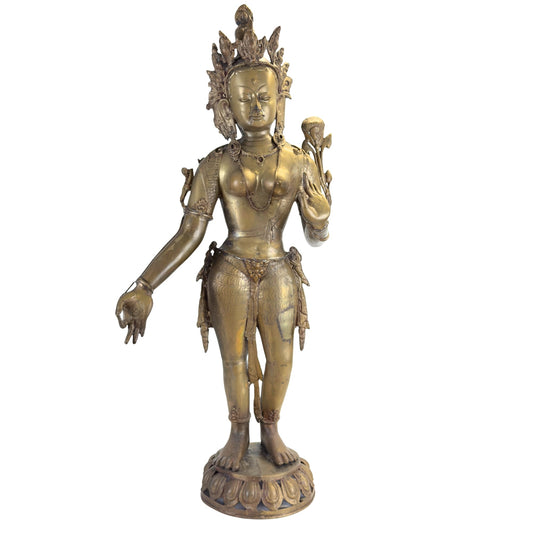 Monumental antique Nepalese Green Tara in gilt bronze, 100 cm high, front view