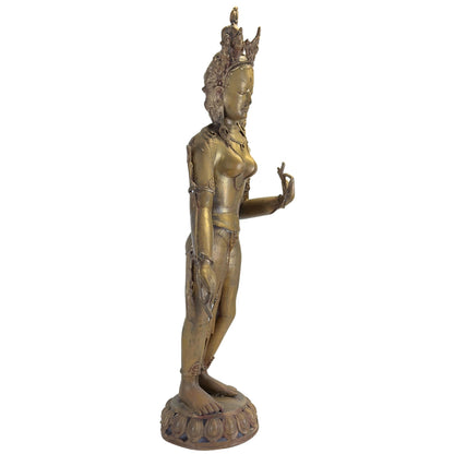 Left-side view of the monumental Nepalese Green Tara on a double lotus base