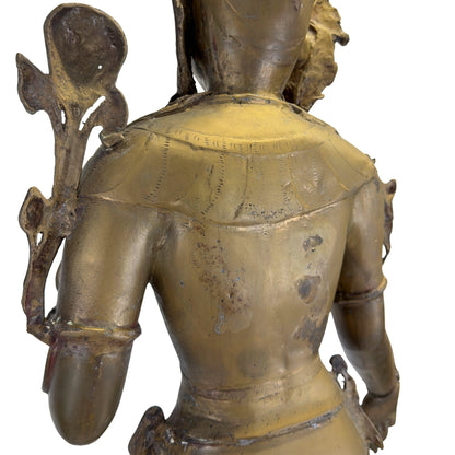 Rear three-quarter view of the antique Nepalese Green Tara in gilt bronze