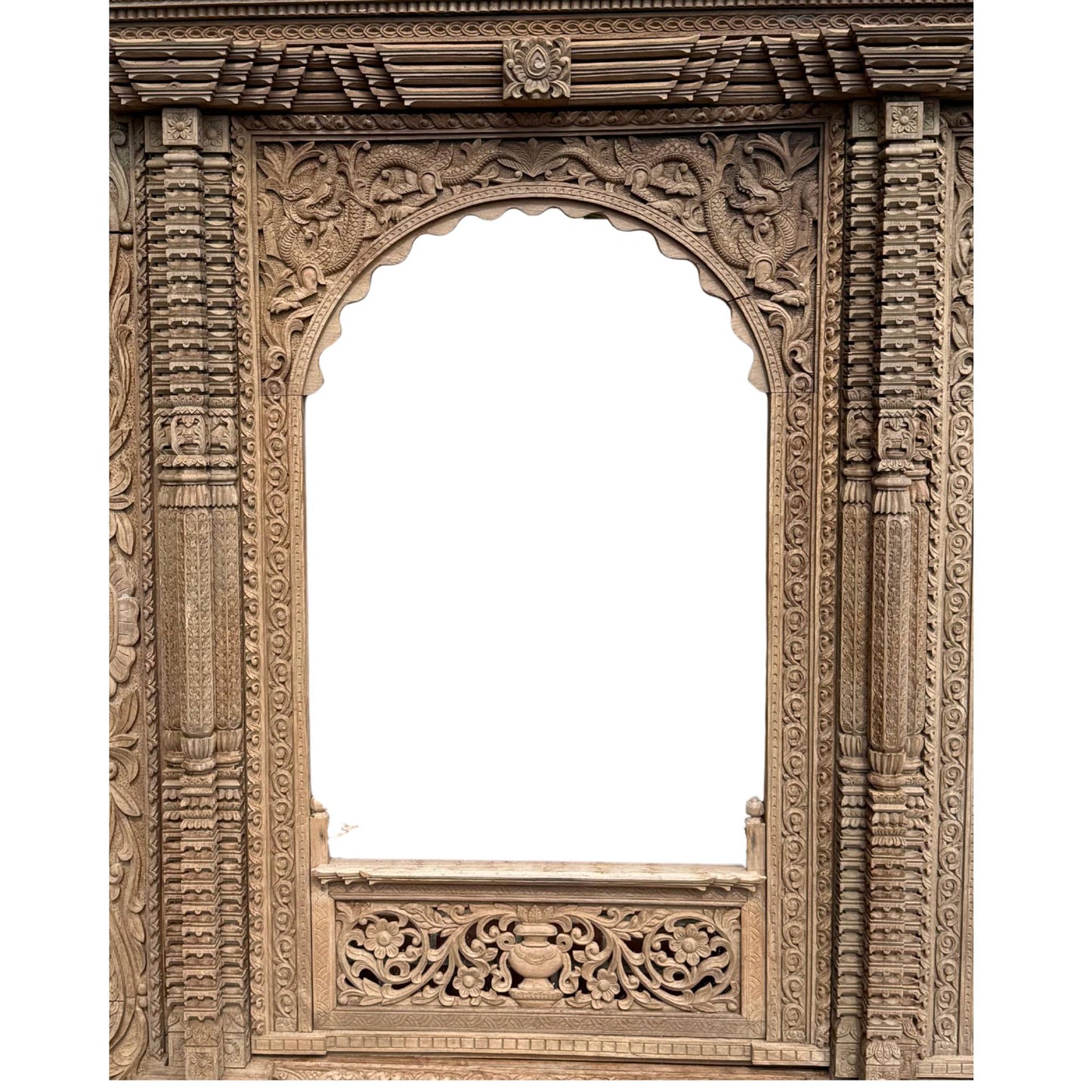 Antique Nepalese Newari San Jhya Portal – Carved Teak, 365 cm – left three-quarter rear view