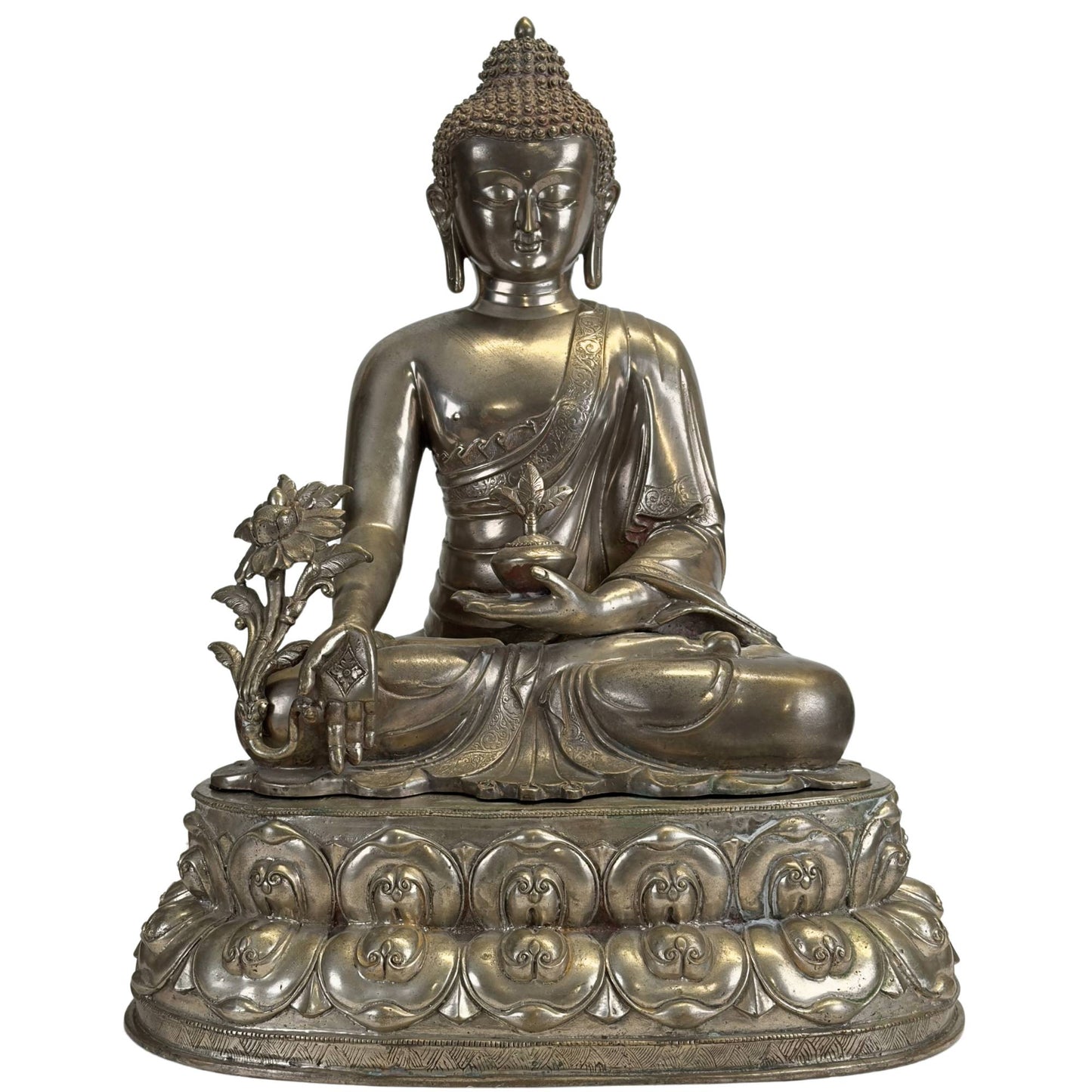 Antique silvered Medicine Buddha (Bhaisajyaguru) in the Newar tradition, front view