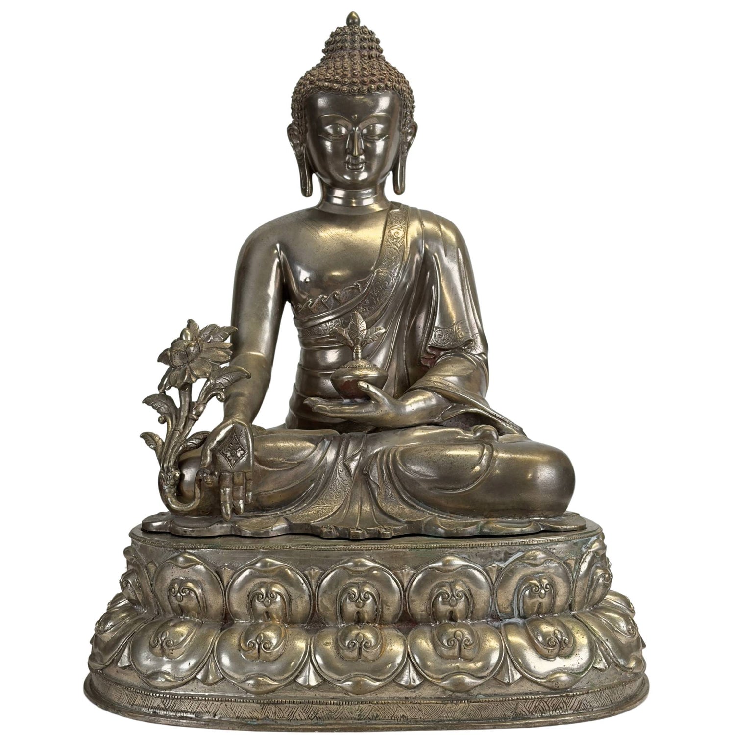 Antique silvered Medicine Buddha (Bhaisajyaguru) in the Newar tradition, front view