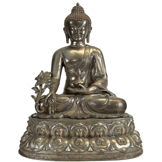 Antique silvered Medicine Buddha (Bhaisajyaguru) in the Newar tradition, front view