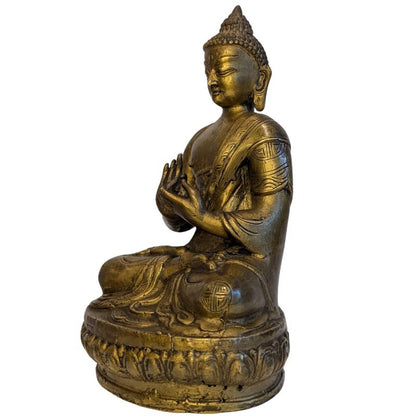 Antique Sino-Tibetan Bronze Buddha in Dharmachakra Mudra – opposite three-quarter front view