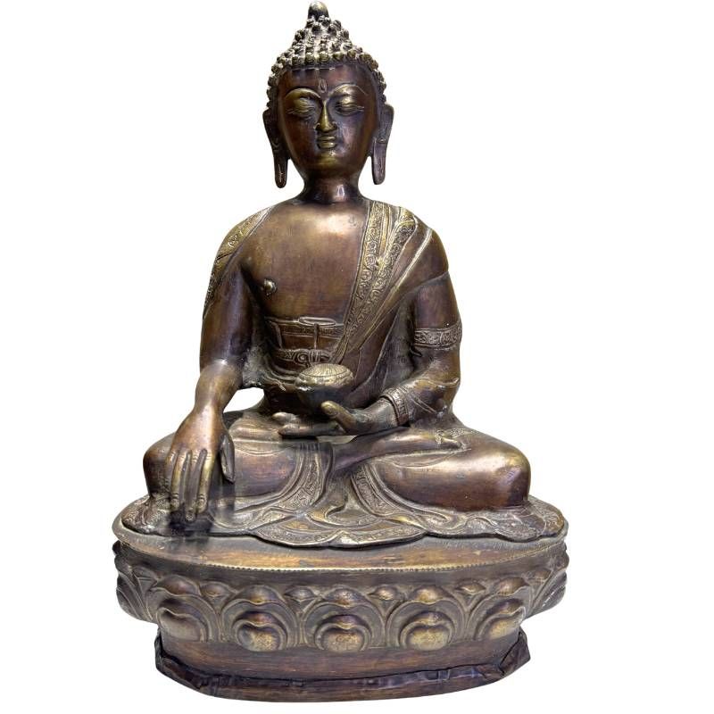 Antique Sino-Tibetan bronze Medicine Buddha with medicine vessel, front view