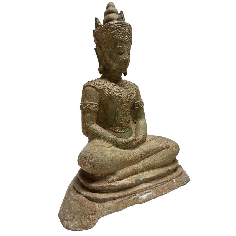 Antique Southeast Asian Meditation Buddha – Bronze, 37 cm – three-quarter front view