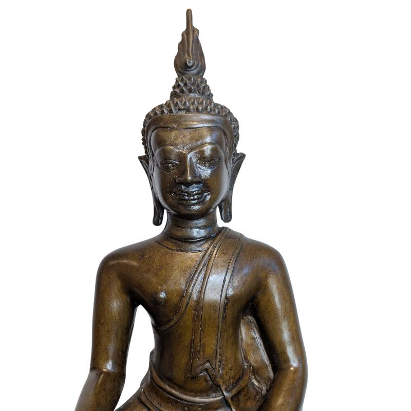 Antique Thai Bronze Buddha in Bhumisparsha Mudra – opposite three-quarter front view