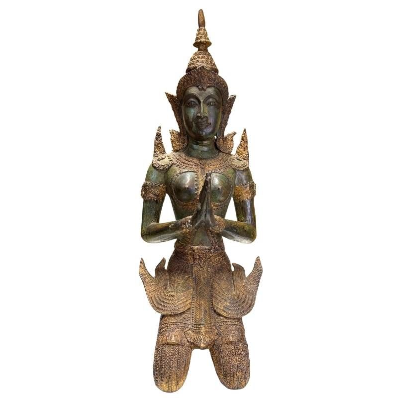 Pair of Antique Thai Bronze Kneeling Temple Guardians – left-side view