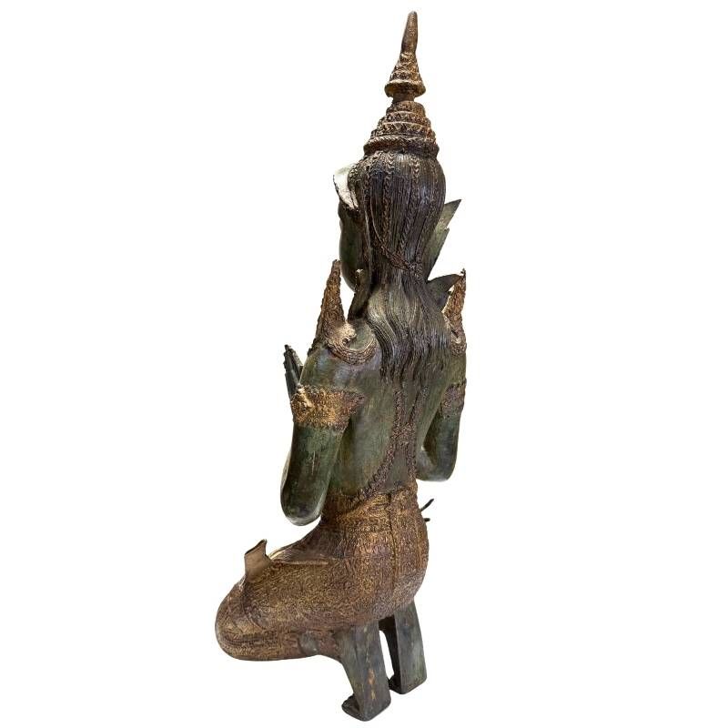 Pair of Antique Thai Bronze Kneeling Temple Guardians – opposite three-quarter front view