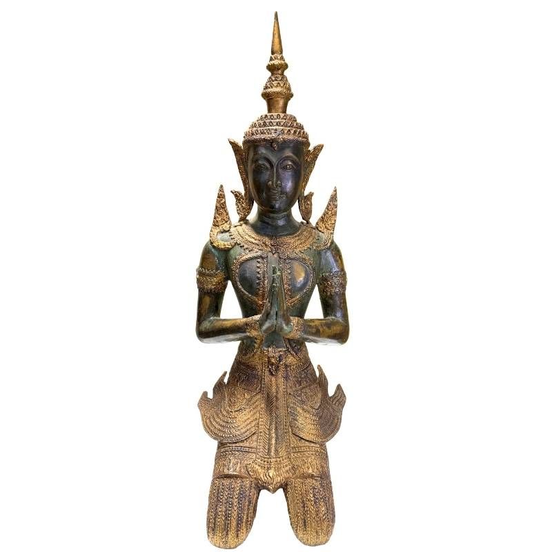 Pair of Antique Thai Bronze Kneeling Temple Guardians – surface and patina detail