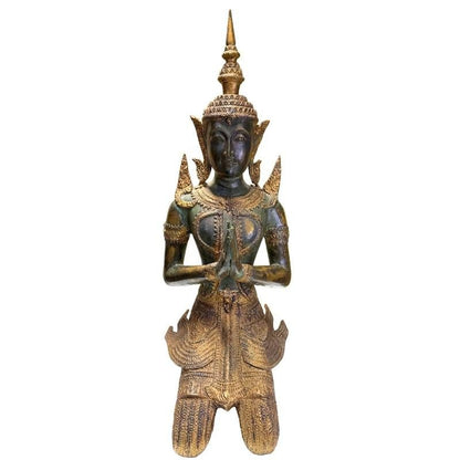Pair of Antique Thai Bronze Kneeling Temple Guardians – surface and patina detail