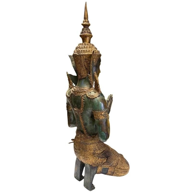 Pair of Antique Thai Bronze Kneeling Temple Guardians – profile and silhouette detail