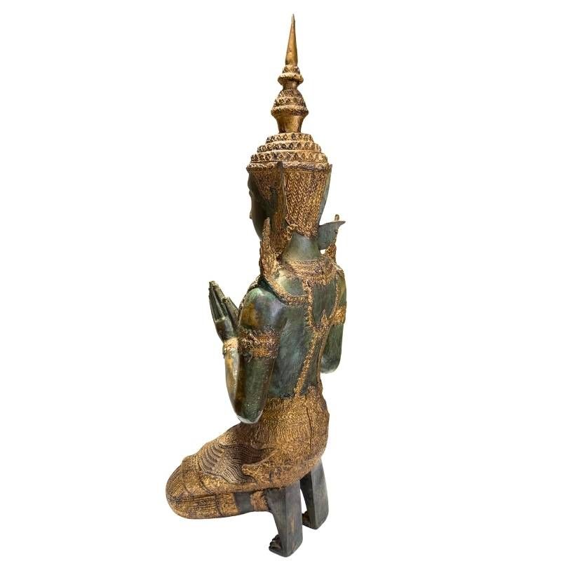 Pair of Antique Thai Bronze Kneeling Temple Guardians – edge and contour detail