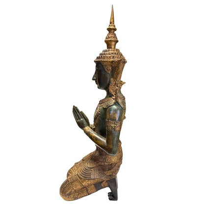 Pair of Antique Thai Bronze Kneeling Temple Guardians – close object detail