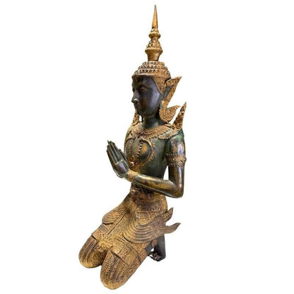 Pair of Antique Thai Bronze Kneeling Temple Guardians – full object display view