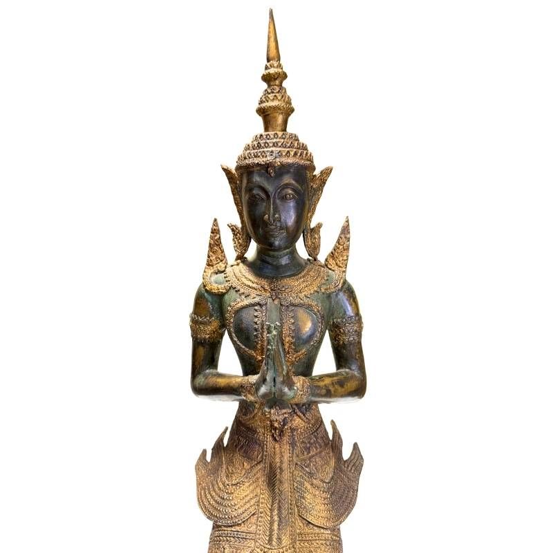 Pair of Antique Thai Bronze Kneeling Temple Guardians – additional front detail