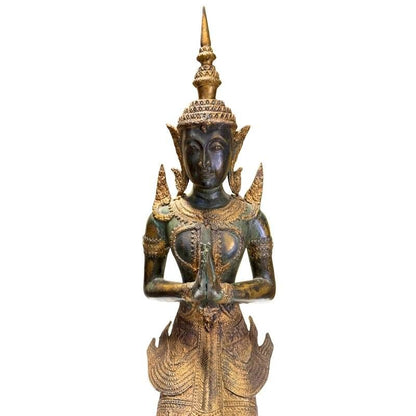 Pair of Antique Thai Bronze Kneeling Temple Guardians – additional front detail