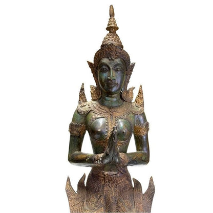 Pair of Antique Thai Bronze Kneeling Temple Guardians – close view of the lower section