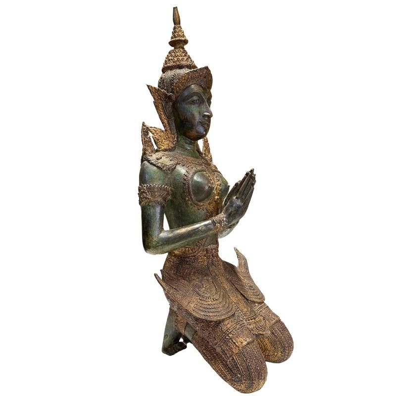 Pair of Antique Thai Bronze Kneeling Temple Guardians – left three-quarter rear view