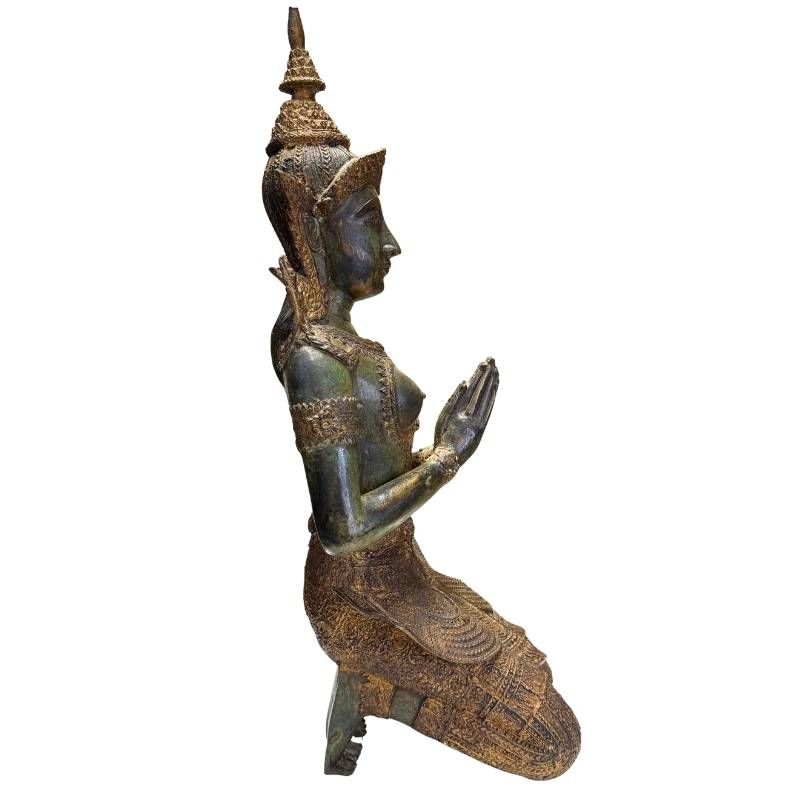 Pair of Antique Thai Bronze Kneeling Temple Guardians – rear view