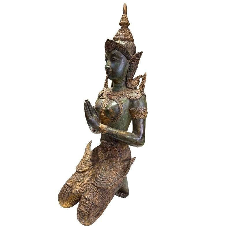 Pair of Antique Thai Bronze Kneeling Temple Guardians – close view of the central details