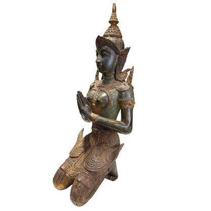 Pair of Antique Thai Bronze Kneeling Temple Guardians – close view of the central details