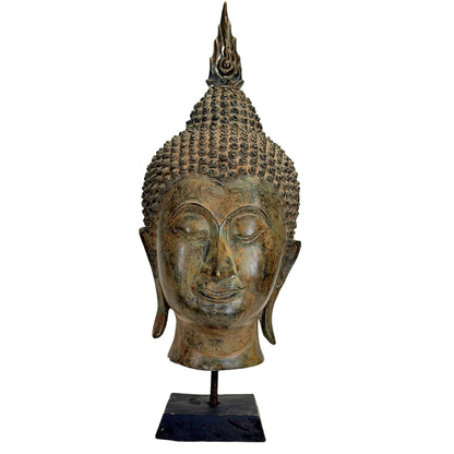 Antique 19th-century Thai bronze Buddha head on a display stand, front view