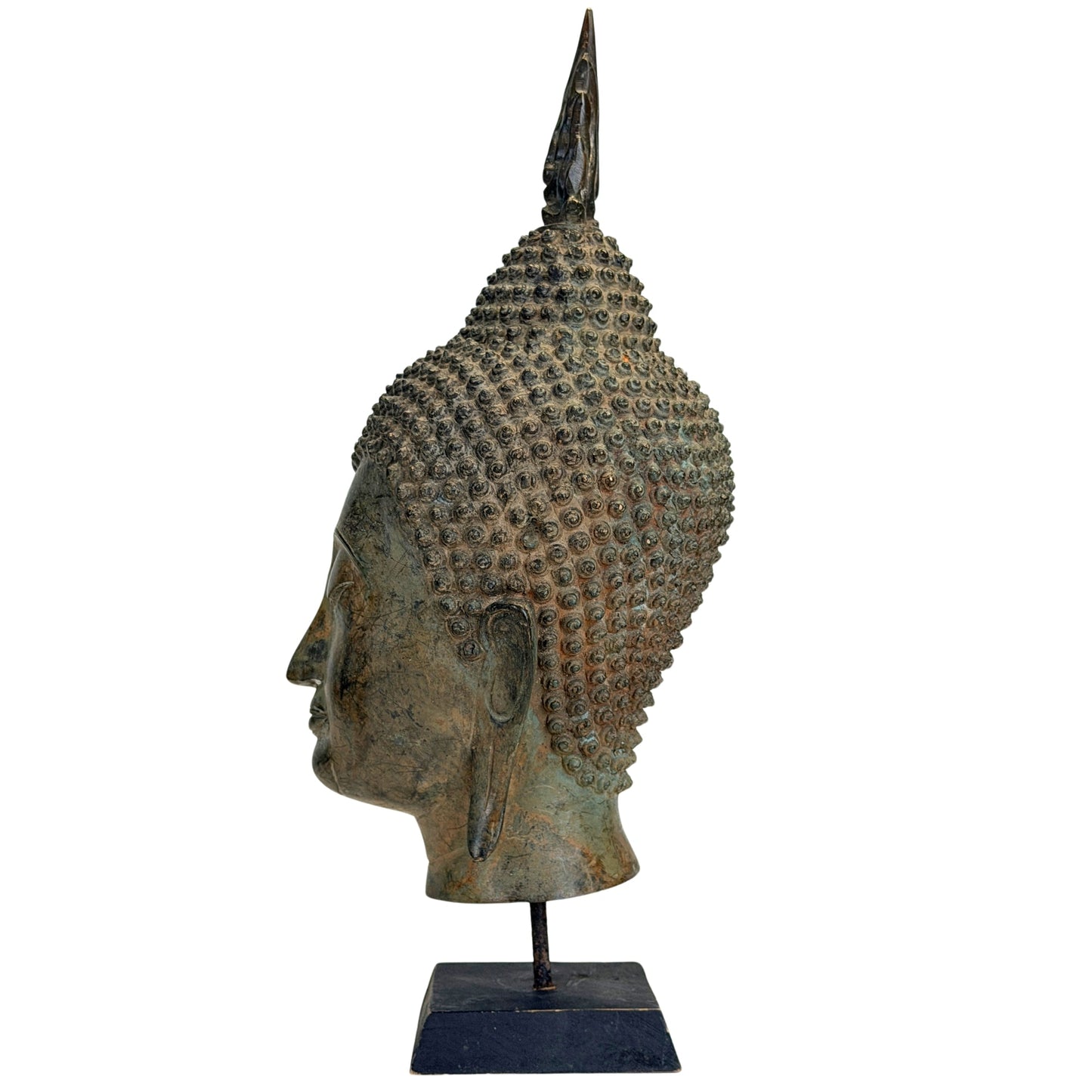 Antique Thai bronze Buddha head with naturally aged brown-green patina