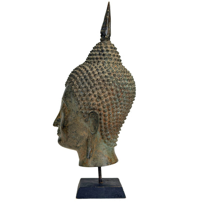 Antique Thai bronze Buddha head with naturally aged brown-green patina