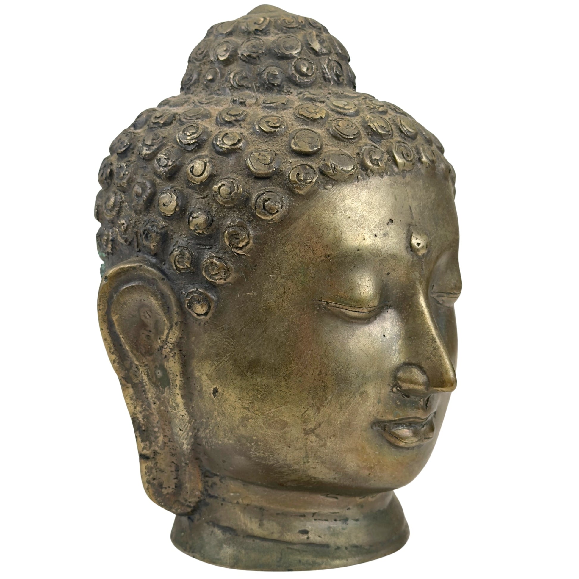 Front left view of the antique Thai bronze Buddha head