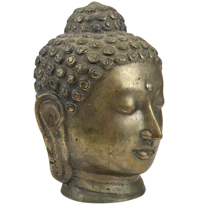 Front left view of the antique Thai bronze Buddha head
