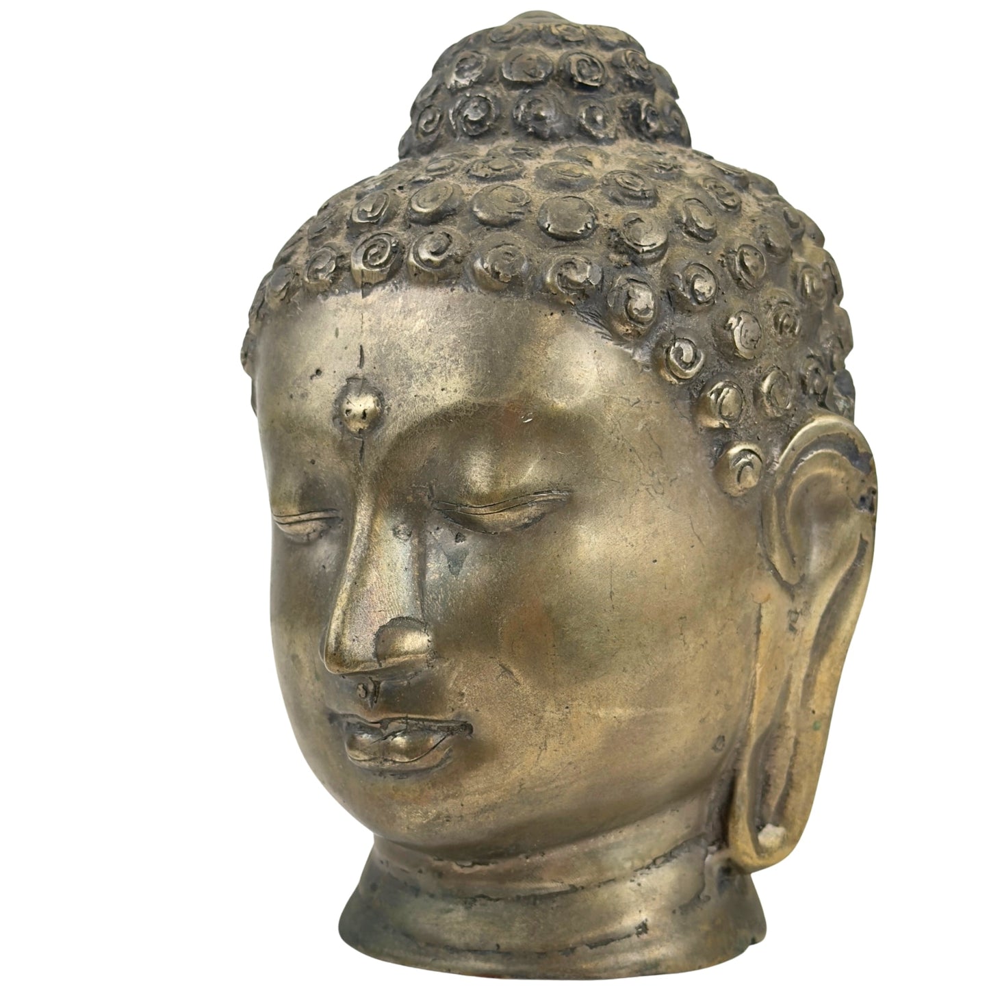 Front right view of the antique Thai bronze Buddha head