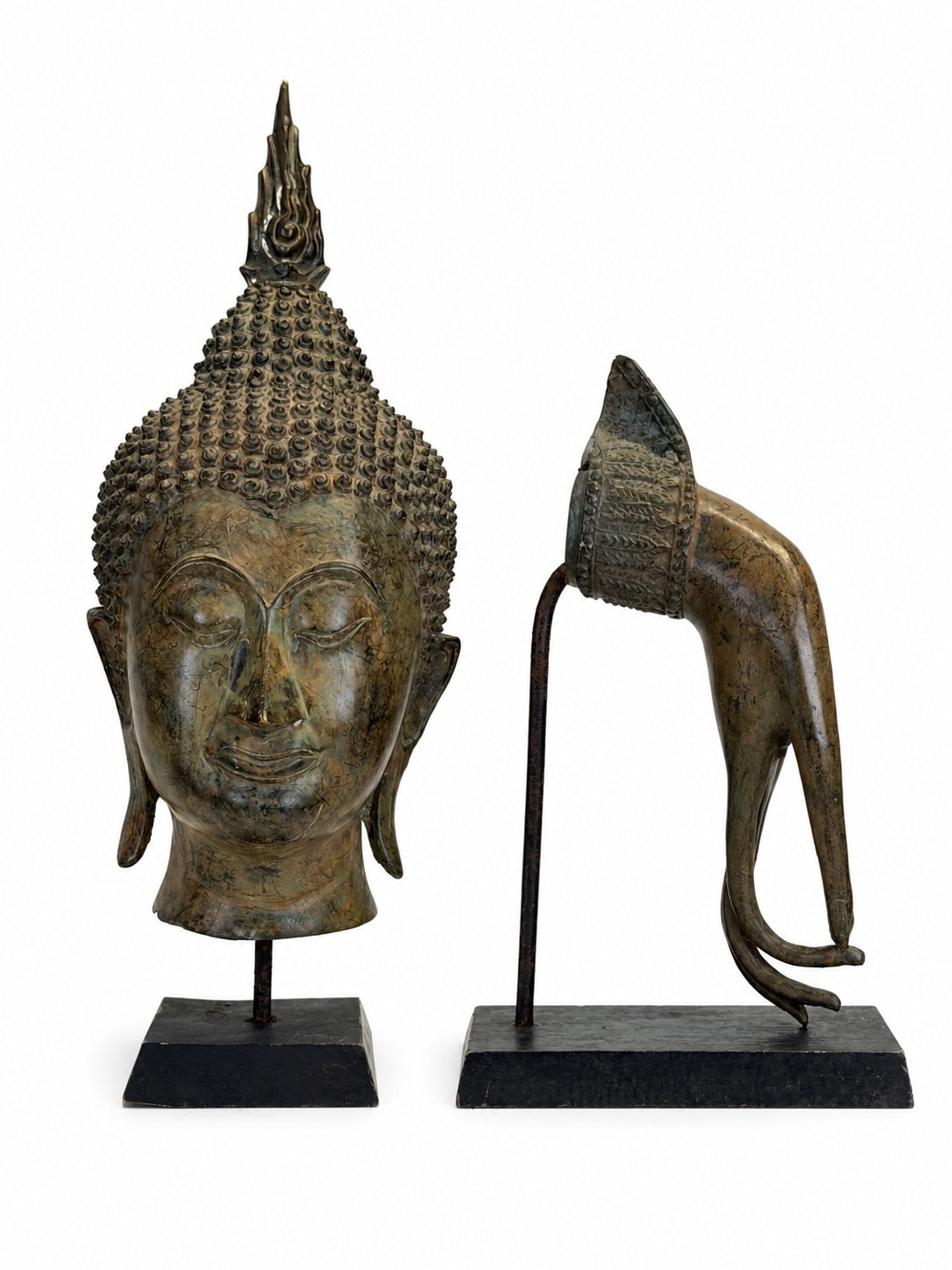 Antique Thai bronze Buddha head and separate ritual hand displayed as an ensemble
